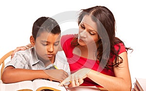 Attractive Hispanic Mother and Son Studying