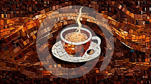 Illustrative warm cup of coffee with coffee beans and steam on a coffee caffeine refreshing wide background. AI generated.