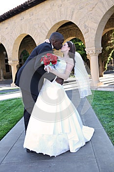 Attractive Interracial Wedding Couple Kissing