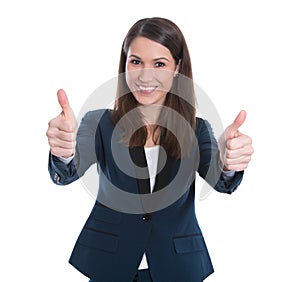 Attractive isolated businesswoman in dark blue costume - thumbs