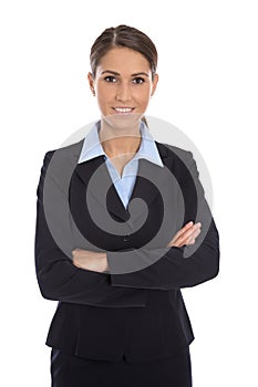 Attractive isolated smiling businesswoman in blue suit.