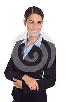 Attractive isolated smiling businesswoman in blue suit.