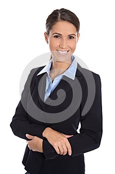 Attractive isolated smiling businesswoman in blue suit.