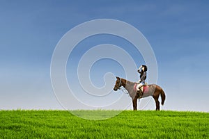 Attractive jockey riding horse at field