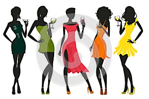 Silhouettes of women in modern suit, isolated on white background.