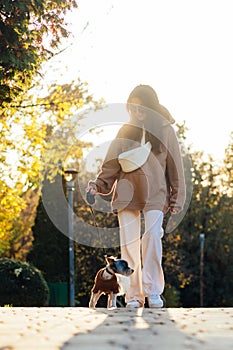 Attractive lady stands in a beautiful park at sunset with a small dog in her arms and hugs her pet and smiles