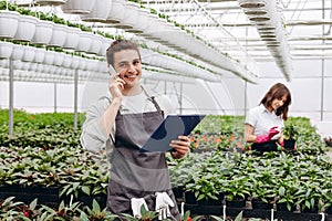 Attractive male florist talking on the phone and holding clipboard, while another female florist arranging pots with flowers on