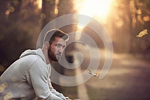 Attractive man with beard in autumn walk