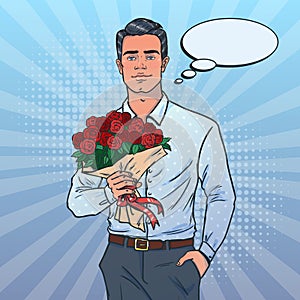 Attractive man with bouquet. Man goes on a date. Wants to give flowers.