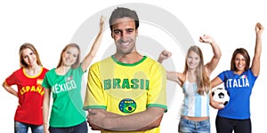 Attractive man from Brazil with four female sports fans