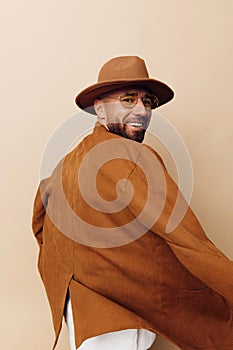 Attractive man portrait background beard stylish casual hat caucasian fashionable guy adult man person handsome