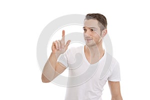 Attractive man presses button - t-shirt