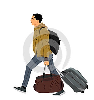 Attractive man walking to airport vector illustration isolated on white background. Urban handsome boy