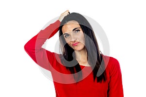 Attractive mature woman wearing red jersey