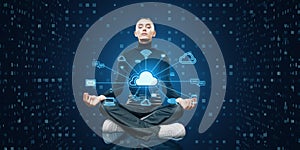 Attractive meditating woman with creative cloud computing hologram with various icons. Cyber data and media concept