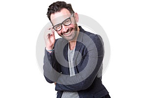 Attractive middle age man with glasses smiling against white background