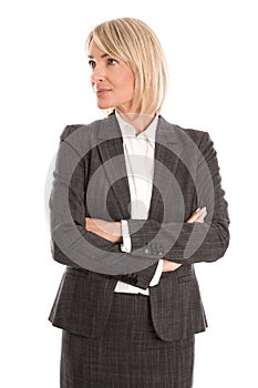 Attractive middle aged businesswoman looking sideways to text.