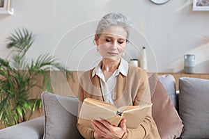 Attractive middle aged woman enjoying reading a book sitting on the sofa in her living room smiling while she reading