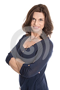Attractive middle aged woman isolated over white.