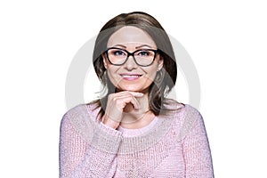 Attractive middle aged woman looking at camera on white isolated background