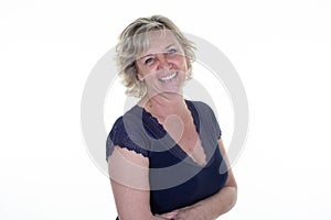 Attractive middle aged woman mature blonde with folded arms crossed on white background