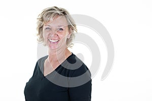 Attractive middle aged woman mature blonde senior smiling lady on white background