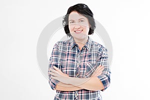 Attractive middle agedbrunette woman with folded arms on white background