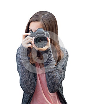 Attractive Mixed Race Young woman With DSLR Camera on White