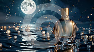 An attractive mock up of a fragrance bottle on a night water surface background with pearls. A realistic 3D modern