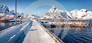 Attractive morning scene of Sakrisoy village, Norway, Europe.