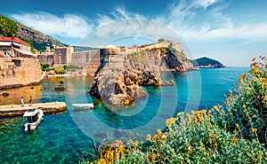 Attractive morning view of famous Fort Bokar in city of Dubrovnik. Bright summer seascape of Adriatic sea, Croatia, Europe.