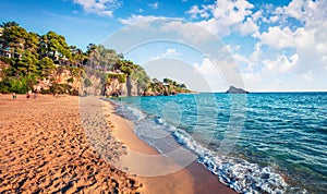 Attractive morning view of Platis Gialos Beach. Splendid summer seascape of Ionian Sea. Exciting outdoor scene of Kefalonia island