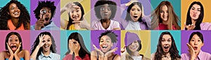 Attractive multiethnic millennials sharing positive emotions, set of photos