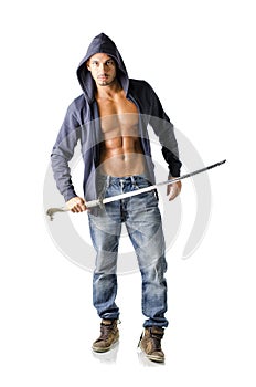 Attractive, muscular construction worker with open sweatshirt, isolated