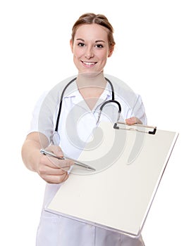 Attractive nurse with clipboard