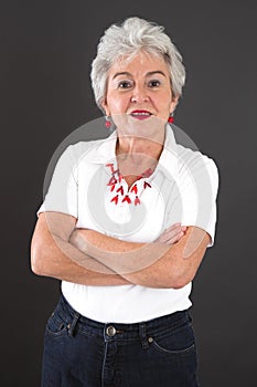 Attractive older lady looks questioningly