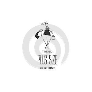 Attractive overweight woman on shopping. Hand drawn vector logo template. Body positive, plus size concept.