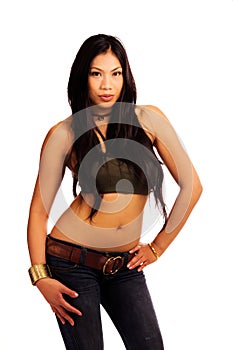 Attractive Pacific Islander Woman Standing In Blue Jeans