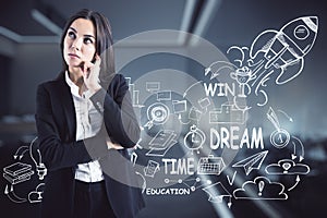 Attractive pensive young woman with creative start up sketch on blurry office interior background.