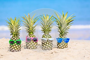 Attractive pineapples on the beach against turquoise sea. Wearing stylish mirrored sunglasses. Tropical summer vacation concept.