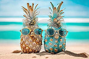 attractive pineapples on the sand, sea,beach, sunglasses.summer vacation