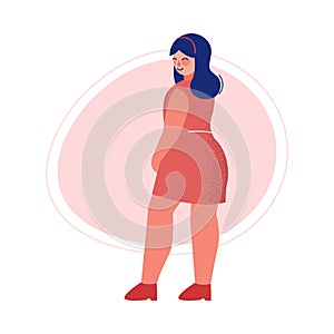 Attractive Plus Size Woman in Red Short Dress, Beautiful Curvy, Overweight Girl in Fashionable Clothes Vector