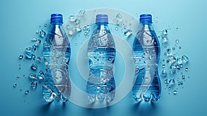 In this attractive poster, three crashed plastic bottles form a recycling sign on a blue background. The concept of