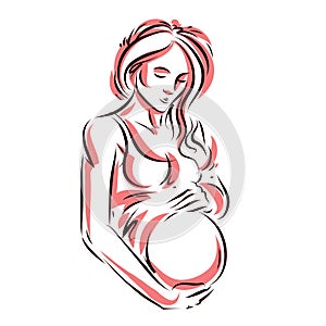 Attractive pregnant woman body silhouette drawing. Vector illustration of mother-to-be fondles her belly. Happiness and caress