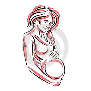 Attractive pregnant woman body silhouette drawing. Vector illustration of mother-to-be fondles her belly. Happiness and caress