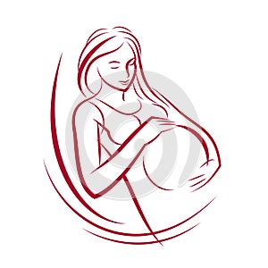 Attractive pregnant woman body silhouette drawing. Vector illustration of mother-to-be fondles her belly. Happiness and caress