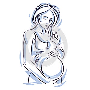 Attractive pregnant woman body silhouette drawing. Vector illustration of mother-to-be fondles her belly. Happiness and caress co