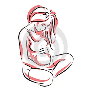 Attractive pregnant woman body silhouette drawing. Vector illustration of mother-to-be fondles her belly. Happiness and caress co