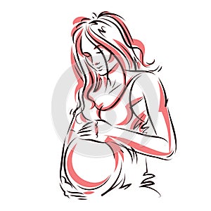 Attractive pregnant woman body silhouette drawing. Vector illustration of mother-to-be fondles her belly. Happiness and caress co