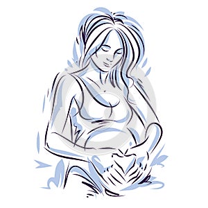 Attractive pregnant woman body silhouette drawing. Vector illustration of mother-to-be fondles her belly. Happiness and caress co